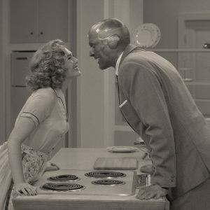 Elizabeth Olsen as Wanda Maximoff and Paul Bettany as Vision in Marvel Studios' WANDAVISION exclusively on Disney+. Photo courtesy of Marvel Studios.
